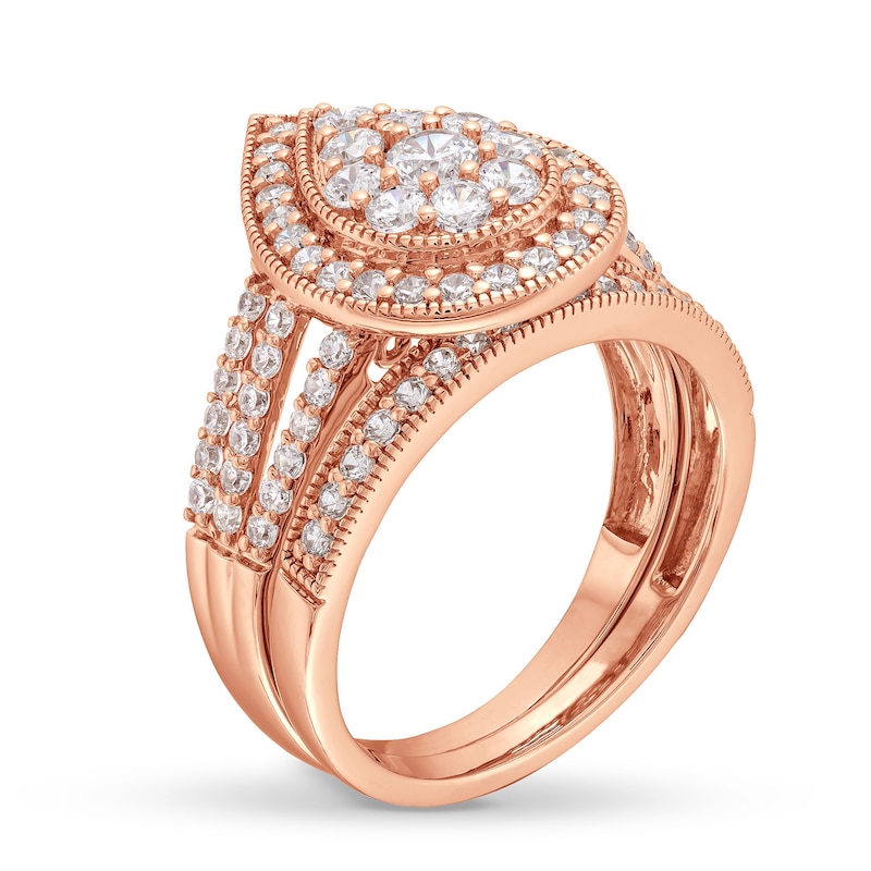 Main Image 3 of 1.23 CT. T.W. Pear Multi-Diamond Teardrop Frame Split Shank Vintage-Style Bridal Set in 10K Rose Gold