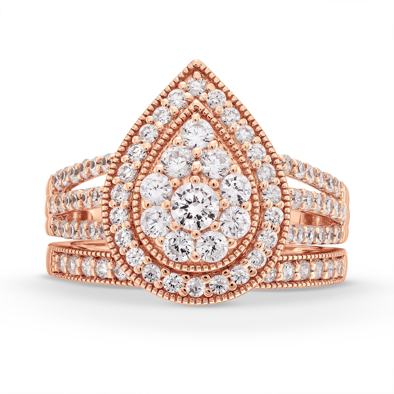 Main Image 4 of 1.23 CT. T.W. Pear Multi-Diamond Teardrop Frame Split Shank Vintage-Style Bridal Set in 10K Rose Gold