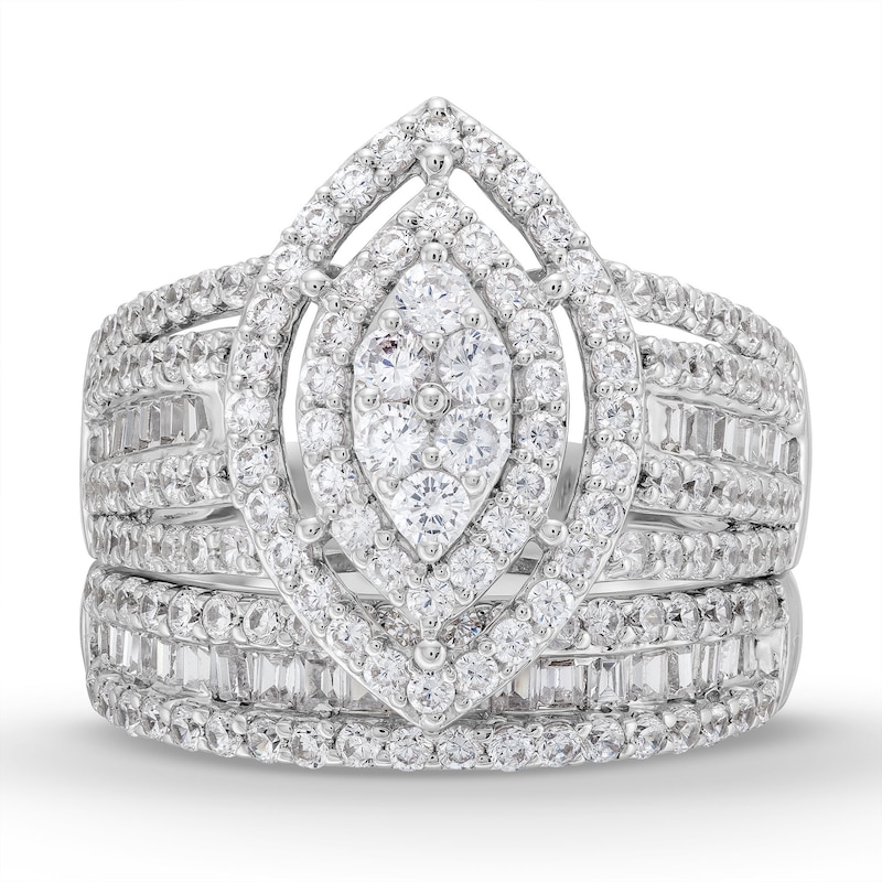 1.69 CT. T.W. Marquise Multi-Diamond Vintage-Style Bridal Set in 10K White Gold