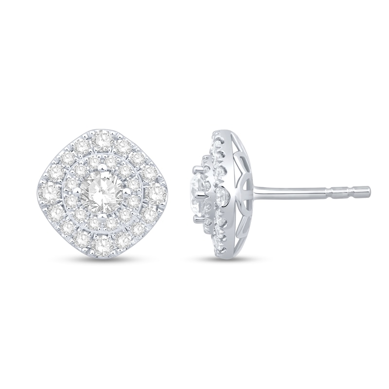 0.95 CT. T.W. Multi-Diamond Cushion Frame Stud Earrings in 10K White Gold|Peoples Jewellers