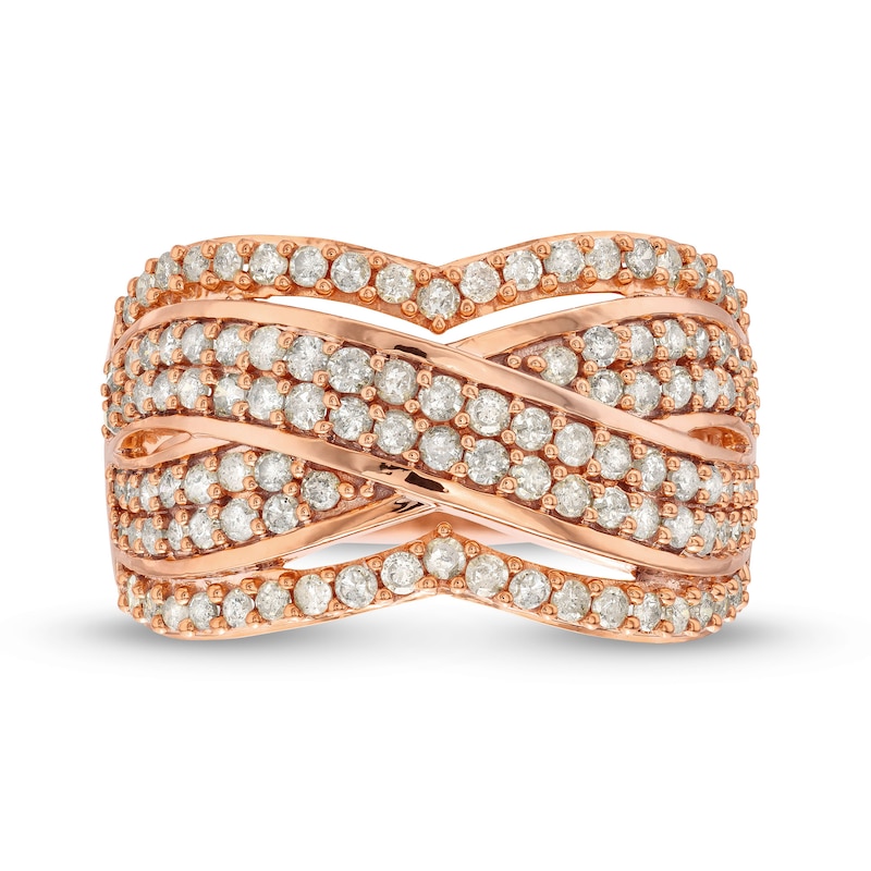 Main Image 4 of 0.95 CT. T.W. Diamond Edge Double Row Criss-Cross Band in 10K Rose Gold