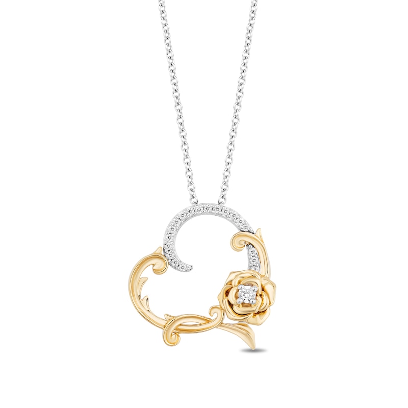 Main Image 1 of Enchanted Disney Belle 0.085 CT. T.W. Diamond Filigree Rose Heart Pendant in Sterling Silver and 14K Gold