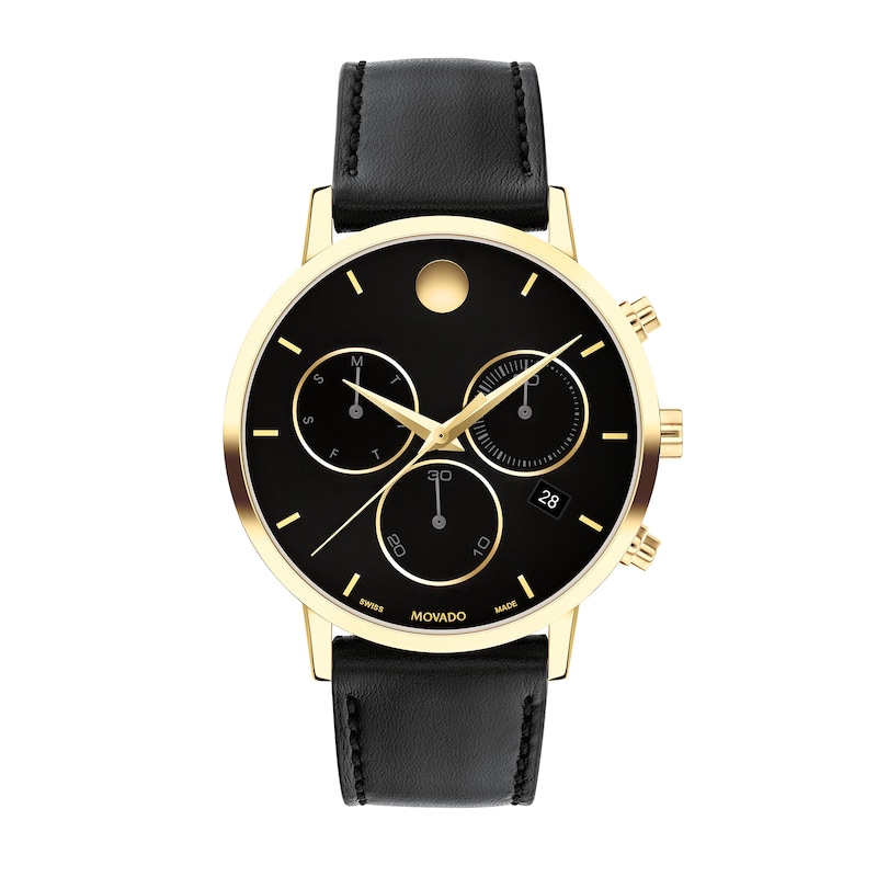 Men's Movado Museum® Classic Gold-Tone PVD Chronograph Strap Watch with Black Dial and Date Window (Model: 0607779)|Peoples Jewellers