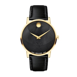 Men's Movado Museum® Classic Gold-Tone PVD Black Strap Watch with Burst Black Dial (Model: 0607799)