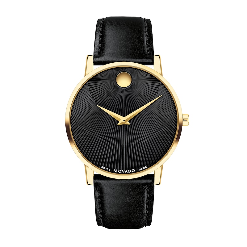 Men's Movado Museum® Classic Gold-Tone PVD Black Strap Watch with Burst Black Dial (Model: 0607799)|Peoples Jewellers