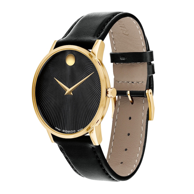 Men's Movado Museum® Classic Gold-Tone PVD Black Strap Watch with Burst Black Dial (Model: 0607799)