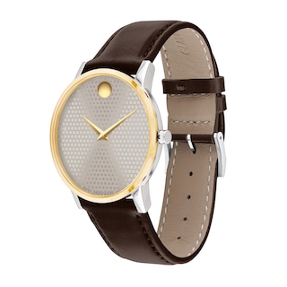 Men's Movado Museum® Classic Gold-Tone PVD Brown Strap Watch with Dotted Grey Dial (Model: 0607800)