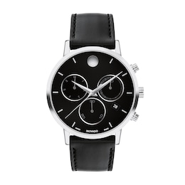 Men's Movado Museum® Classic Black Strap Chronograph Watch with Black Dial and Date Window (Model: 0607778)