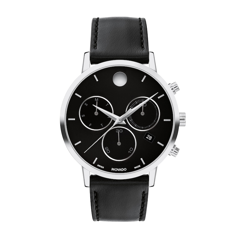 Men's Movado Museum® Classic Black Strap Chronograph Watch with Black Dial and Date Window (Model: 0607778)|Peoples Jewellers