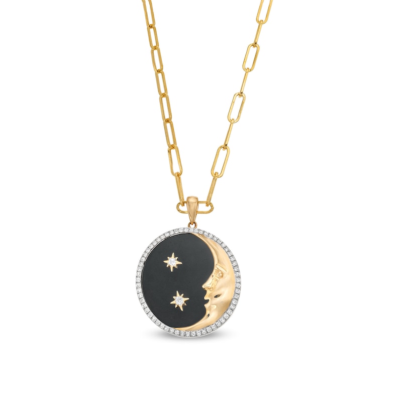 Main Image 1 of EFFY™ Collection Onyx and 0.16 CT. T.W. Diamond Moon Pendant in 14K Gold