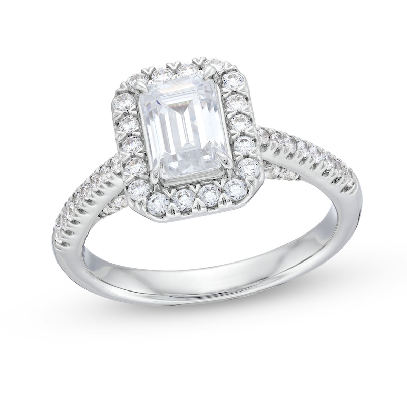 Main Image 1 of 1.50 CT. T.W. Emerald-Cut Certified Lab-Grown Diamond Frame Engagement Ring in 14K White Gold (F/VS2)
