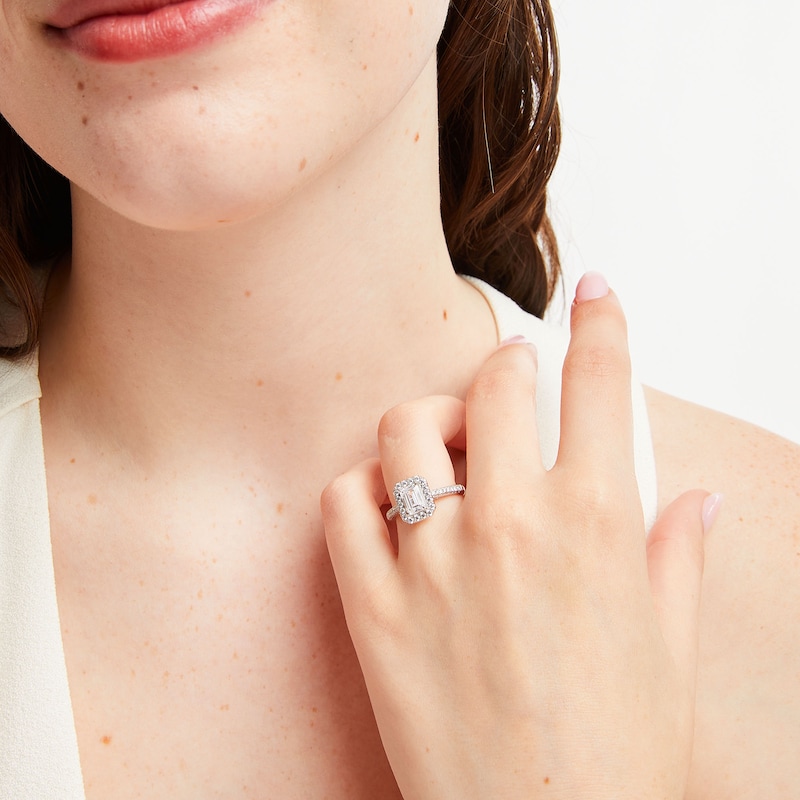 Main Image 2 of 1.50 CT. T.W. Emerald-Cut Certified Lab-Grown Diamond Frame Engagement Ring in 14K White Gold (F/VS2)