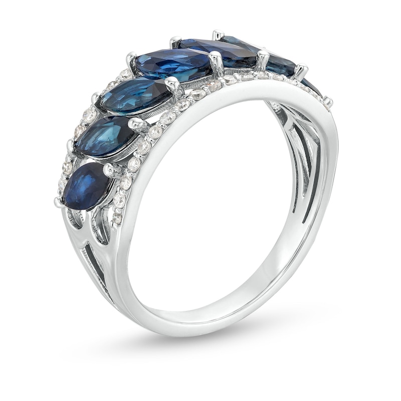 Main Image 3 of Slanted Marquise-Cut Blue Sapphire and 0.20 CT. T.W. Diamond Edge Band in 10K White Gold