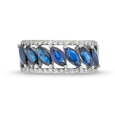 Slanted Marquise-Cut Blue Sapphire and 0.20 CT. T.W. Diamond Edge Band in 10K White Gold