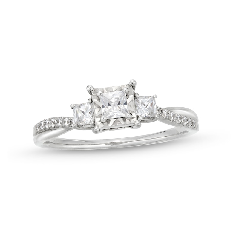 Main Image 1 of 0.50 CT. T.W. Princess-Cut Diamond Miracle Past Present Future® Twist Shank Engagement Ring in 10K White Gold (J/I3)