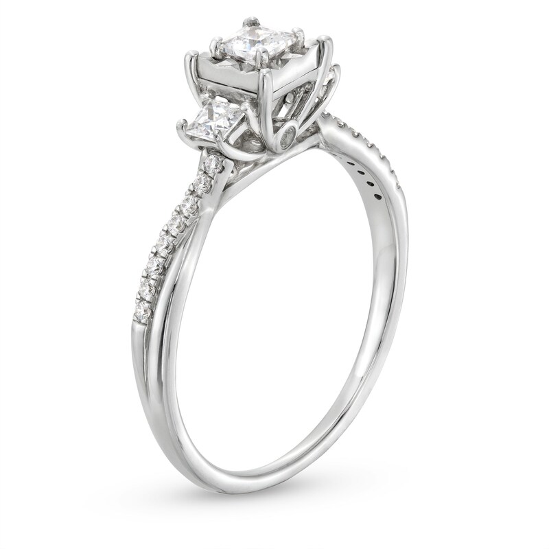 Main Image 3 of 0.50 CT. T.W. Princess-Cut Diamond Miracle Past Present Future® Twist Shank Engagement Ring in 10K White Gold (J/I3)