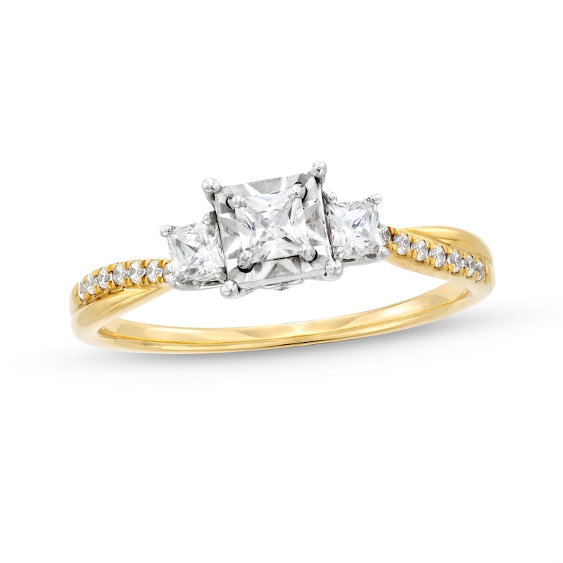 Main Image 1 of 0.50 CT. T.W. Princess-Cut Diamond Miracle Past Present Future® Twist Shank Engagement Ring in 10K Gold (J/I3)
