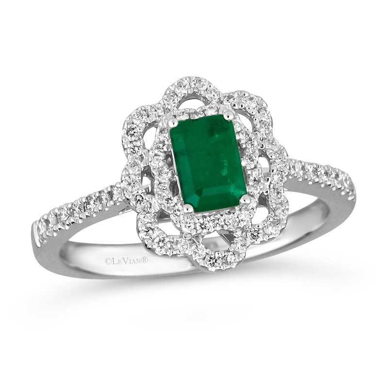 Le Vian® Oval Costa Smeralda Emeralds™ and 0.30 CT. T.W. Diamond Floral Frame Ring in Platinum|Peoples Jewellers