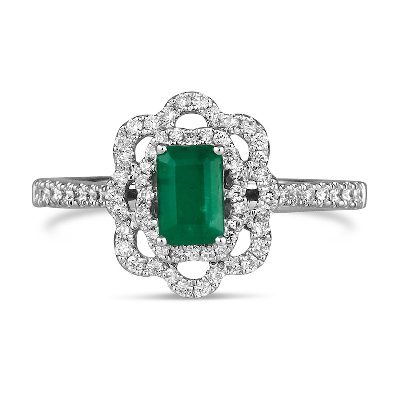 Le Vian® Oval Costa Smeralda Emeralds™ and 0.30 CT. T.W. Diamond Floral Frame Ring in Platinum