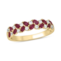 Marquise-Cut Lab-Created Ruby and 0.19 CT. T.W. Diamond Flower Petals Double Row Band in Sterling Silver with 14K Gold Plate