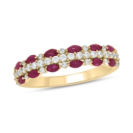 Marquise-Cut Lab-Created Ruby and 0.31 CT. T.W. Diamond Triple Row Band in Sterling Silver with 14K Gold Plate