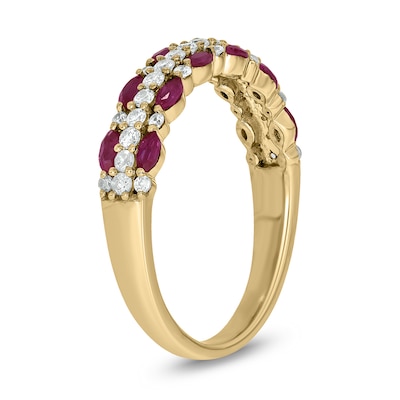 Marquise-Cut Lab-Created Ruby and 0.31 CT. T.W. Diamond Triple Row Band in Sterling Silver with 14K Gold Plate