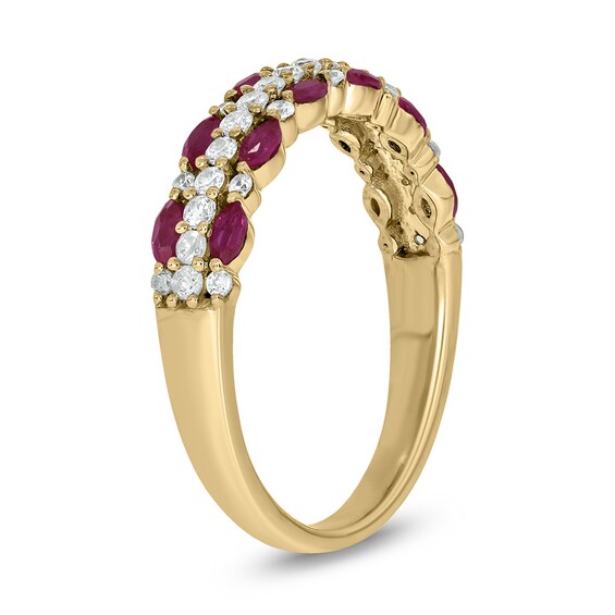 Marquise-Cut Lab-Created Ruby and 0.31 CT. T.W. Diamond Triple Row Band in Sterling Silver with 14K Gold Plate