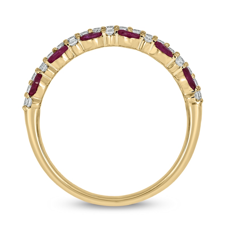 Marquise-Cut Lab-Created Ruby and 0.31 CT. T.W. Diamond Triple Row Band in Sterling Silver with 14K Gold Plate
