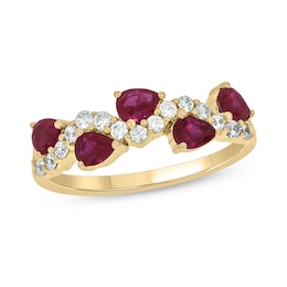 Pear-Shaped Lab-Created Ruby and 0.23 CT. T.W. Diamond Wavy Band in Sterling Silver with 14K Gold Plate