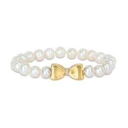 Eternally Bonded 7.0-7.5mm Cultured Freshwater Pearl Strand and 0.05 CT. T.W. Diamond Bow Stretch Bracelet with 10K Gold