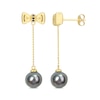 Thumbnail Image 0 of Eternally Bonded 8.5-9.0mm Black Cultured Tahitian Pearl and Blue Sapphire Bow Stud Chain Drop Earrings in 10K Gold