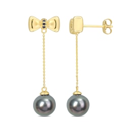 Eternally Bonded 8.5-9.0mm Black Cultured Tahitian Pearl and Blue Sapphire Bow Stud Chain Drop Earrings in 10K Gold