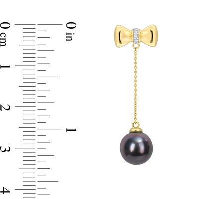 Eternally Bonded 8.5-9.0mm Black Tahitian Cultured Pearl and Diamond Accent Bow Stud Chain Drop Earrings in 10K Gold