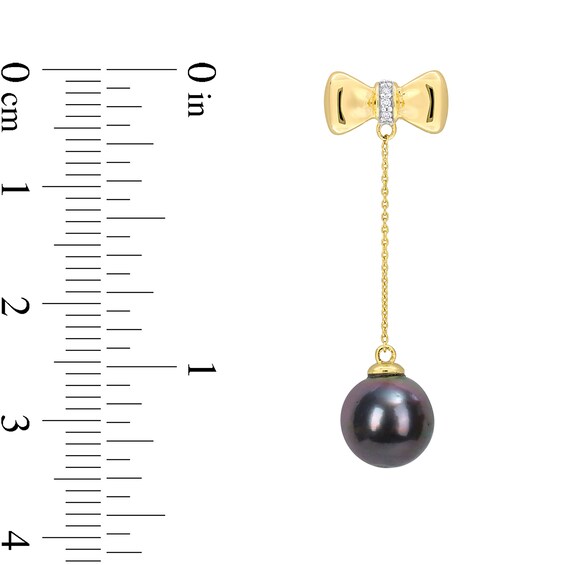 Eternally Bonded 8.5-9.0mm Black Tahitian Cultured Pearl and Diamond Accent Bow Stud Chain Drop Earrings in 10K Gold