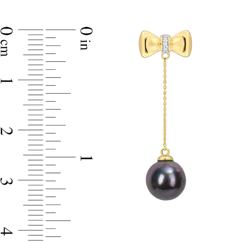 Eternally Bonded 8.5-9.0mm Black Cultured Tahitian Pearl and Diamond Accent Bow Stud Chain Drop Earrings in 10K Gold