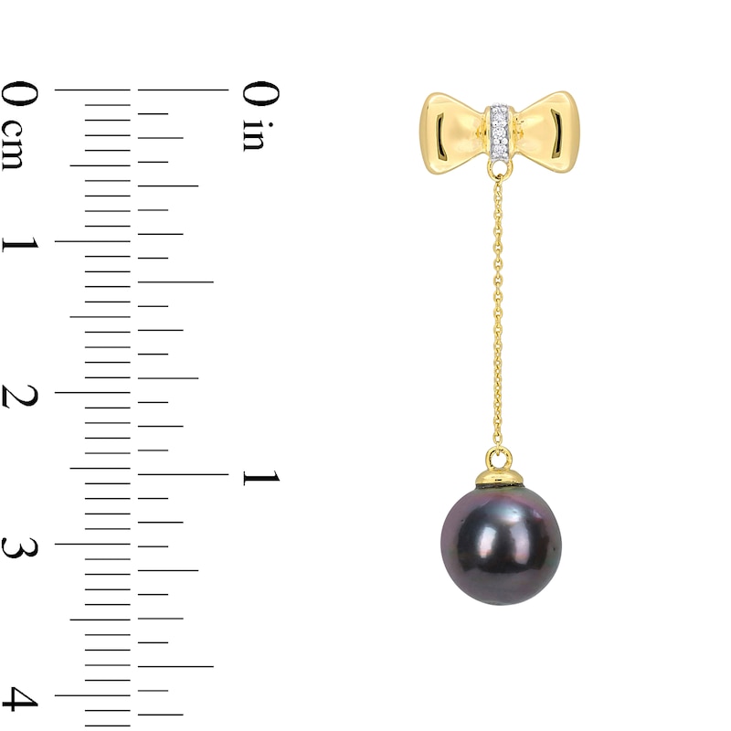Eternally Bonded 8.5-9.0mm Black Tahitian Cultured Pearl and Diamond Accent Bow Stud Chain Drop Earrings in 10K Gold