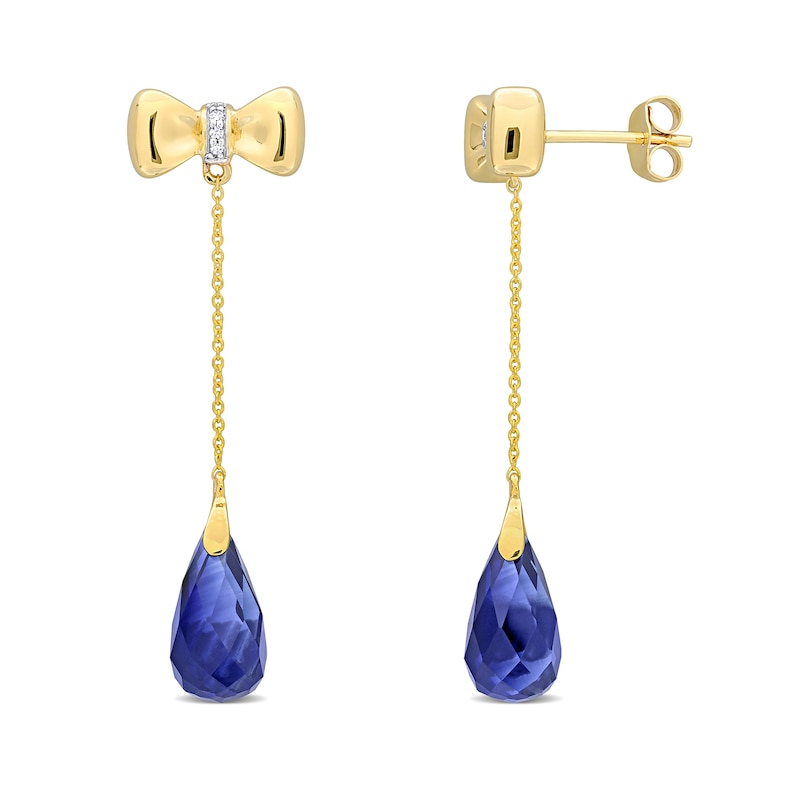 Eternally Bonded Faceted Pear-Shaped Blue Lab-Created Sapphire and Diamond Accent Bow Stud Chain Drop Earrings in 10K Gold
