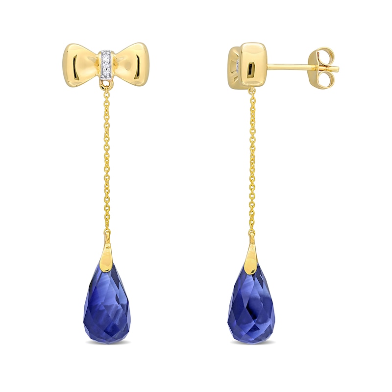 Main Image 1 of Eternally Bonded Faceted Pear-Shaped Blue Lab-Created Sapphire and Diamond Accent Bow Stud Chain Drop Earrings in 10K Gold