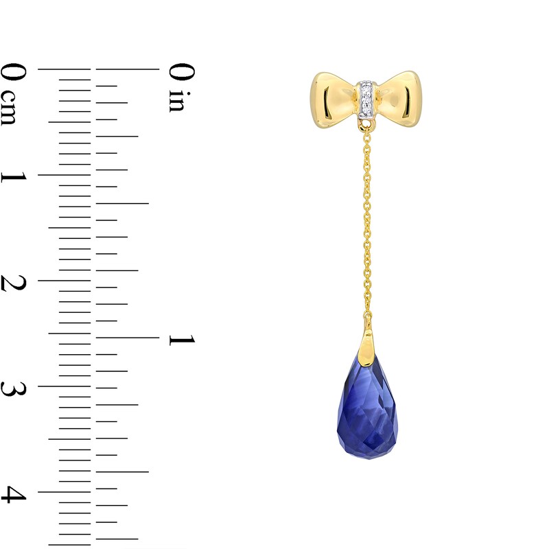 Main Image 2 of Eternally Bonded Faceted Pear-Shaped Blue Lab-Created Sapphire and Diamond Accent Bow Stud Chain Drop Earrings in 10K Gold