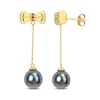 Thumbnail Image 0 of Eternally Bonded 8.5-9.0mm Black Cultured Tahitian Pearl and Ruby Bow Stud Chain Drop Earrings in 10K Gold