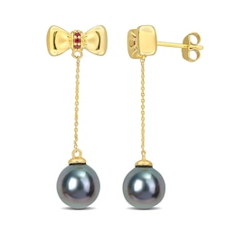Eternally Bonded 8.5-9.0mm Black Cultured Tahitian Pearl and Ruby Bow Stud Chain Drop Earrings in 10K Gold