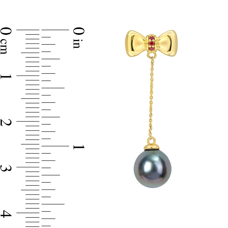 Main Image 2 of Eternally Bonded 8.5-9.0mm Black Tahitian Cultured Pearl and Ruby Bow Stud Chain Drop Earrings in 10K Gold
