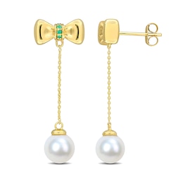 Eternally Bonded 7.0-7.5mm Cultured Freshwater Pearl and Emerald Bow Stud Chain Drop Earrings in 10K Gold