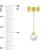 Eternally Bonded 7.0-7.5mm Freshwater Cultured Pearl and Emerald Bow Stud Chain Drop Earrings in 10K Gold