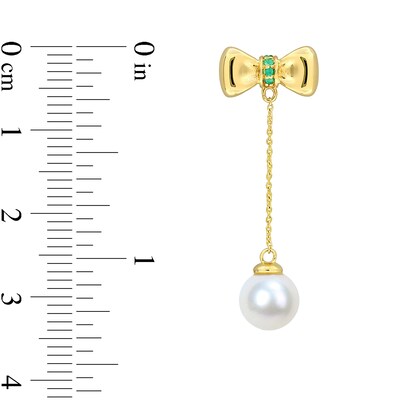 Eternally Bonded 7.0-7.5mm Freshwater Cultured Pearl and Emerald Bow Stud Chain Drop Earrings in 10K Gold