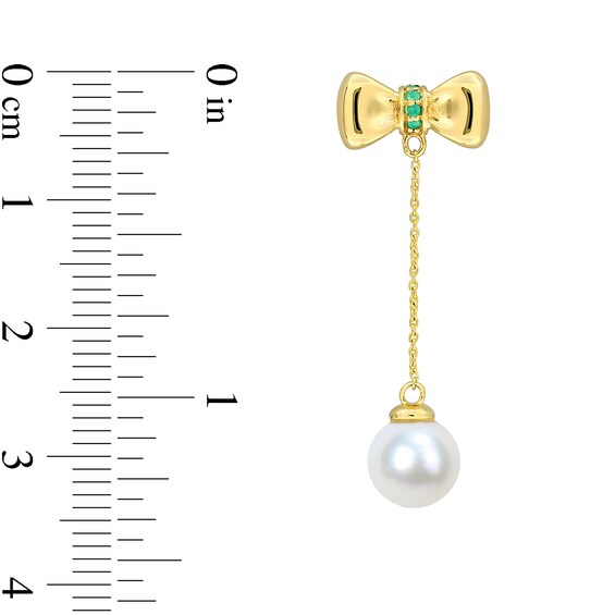 Eternally Bonded 7.0-7.5mm Freshwater Cultured Pearl and Emerald Bow Stud Chain Drop Earrings in 10K Gold