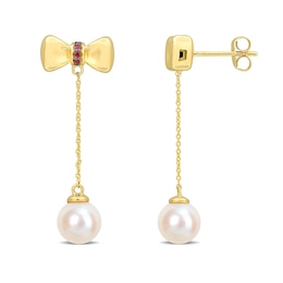 Eternally Bonded 7.0-7.5mm Cultured Freshwater Pearl and Ruby Bow Stud Chain Drop Earrings in 10K Gold