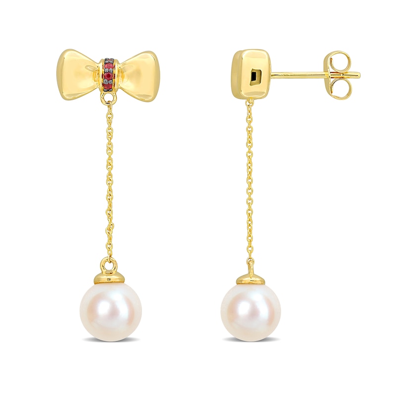 Eternally Bonded 7.0-7.5mm Freshwater Cultured Pearl and Ruby Bow Stud Chain Drop Earrings in 10K Gold