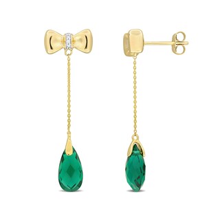 Eternally Bonded Faceted Pear-Shaped Lab-Created Emerald and Diamond Accent Bow Stud Chain Drop Earrings in 10K Gold