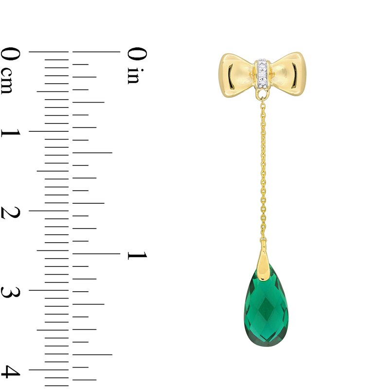 Main Image 2 of Eternally Bonded Faceted Pear-Shaped Lab-Created Emerald and Diamond Accent Bow Stud Chain Drop Earrings in 10K Gold